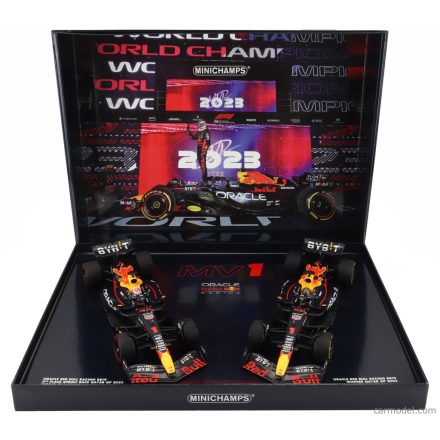 Minichamps RED BULL SET 2X F1 RB19 TEAM ORACLE RED BULL RACING N 1 WORLD CHAMPION 2nd SPRINT RACE + WINNER QATAR GP 2023 MAX VERSTAPPEN