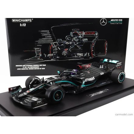 Minichamps MERCEDES F1 W11 EQ PERFORMANCE TEAM AMG PETRONAS MOTORSPORT N 44 WORLD CHAMPION WINNER SILVERSTONE BRITISH GP (with flat tire) 2020 LEWIS HAMILTON - CON VETRINA - WITH SHOWCASE