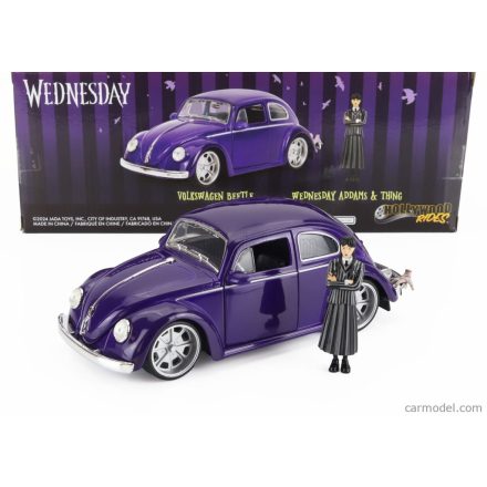 JADA VOLKSWAGEN BEETLE MAGGIOLINO CUSTOM WITH WEDNESDAY ADDAMS & THING FIGURE 1959