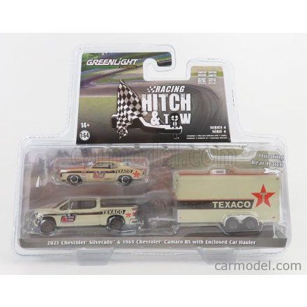 Greenlight CHEVROLET SILVERADO PICK-UP 2021 WITH TRAILER + CAMARO RS TEXACO COUPE 1969