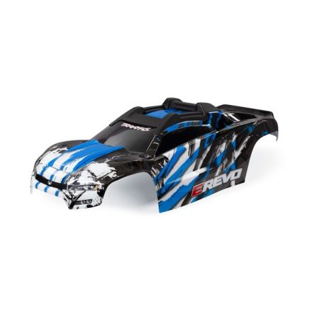 Traxxas Body, E-Revo, blue/ window, grille, lights decal sheet (assembled with front & rear body mounts and rear body support for clipless mounting)