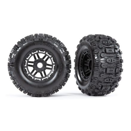 Traxxas Tires & wheels, assembled, glued (black wheels, dual profile (2.8" outer, 3.6" inner), Sledgehammer™ tires, foam inserts) (2) (17mm splined) (TSM® rated)